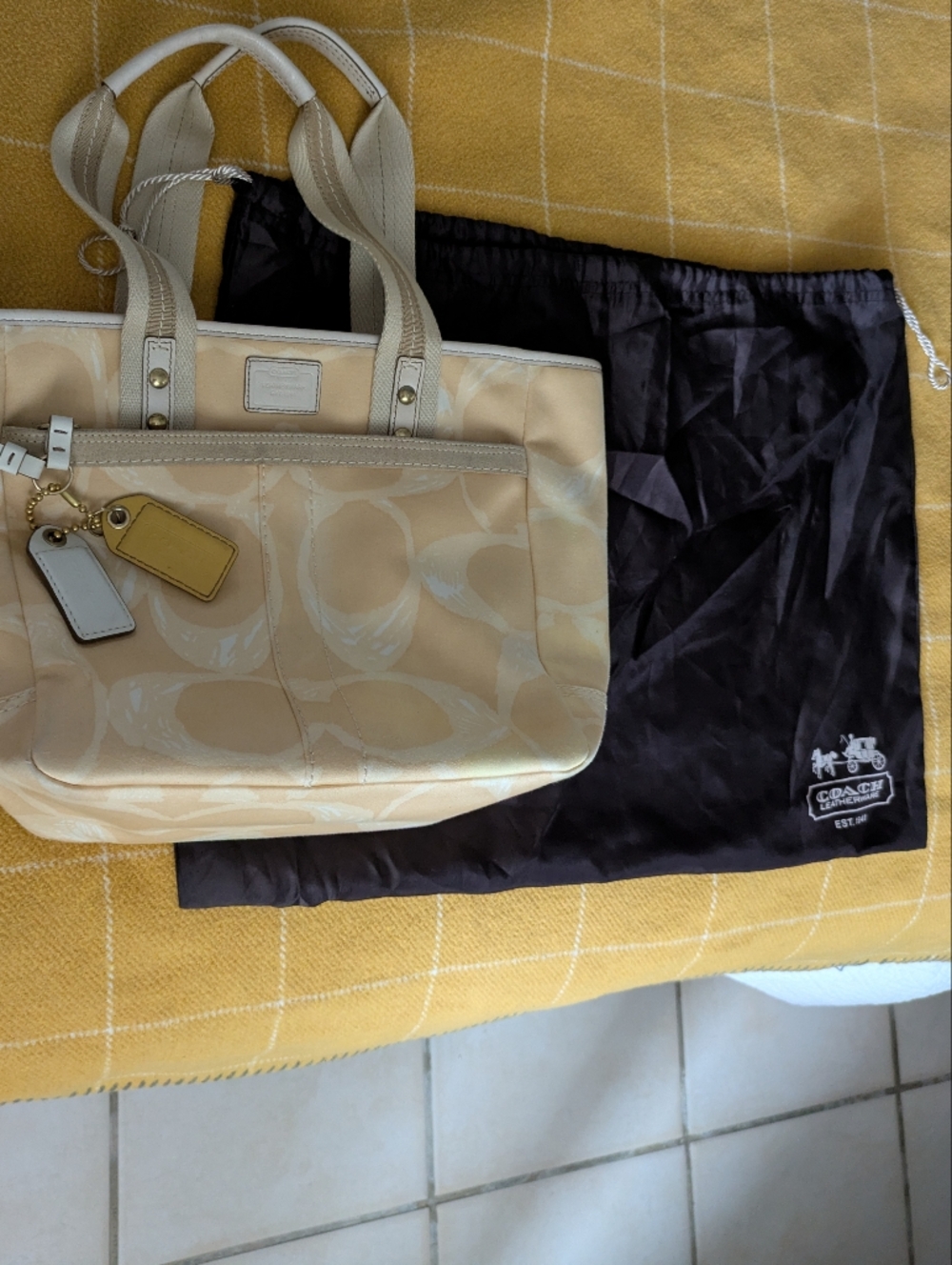 Coach Pale Yellow And tan Signature Tote with Leather Tags & trims